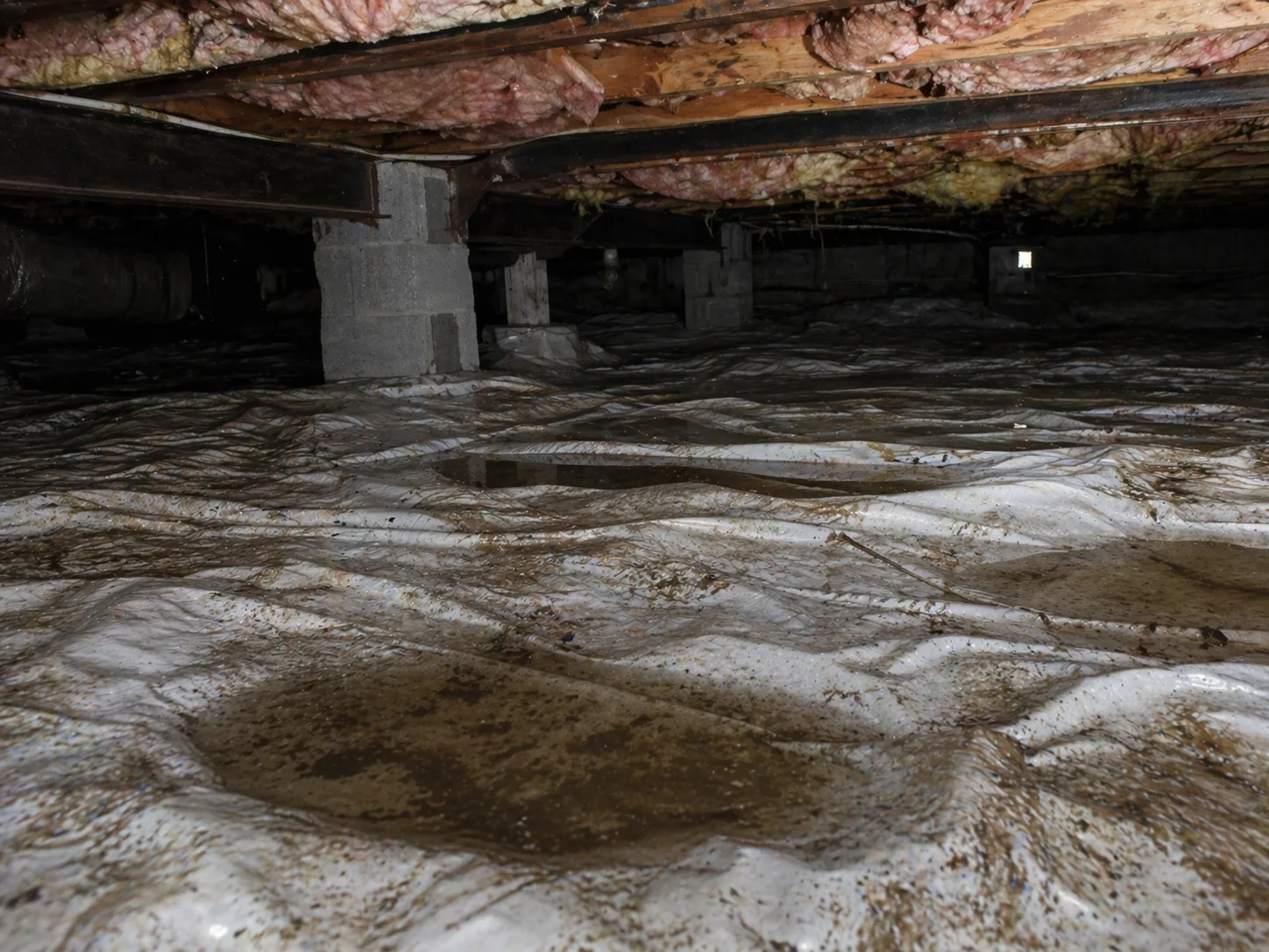 Dark crawl space with wet vapor barrier, pooled water, exposed joists, and insulation