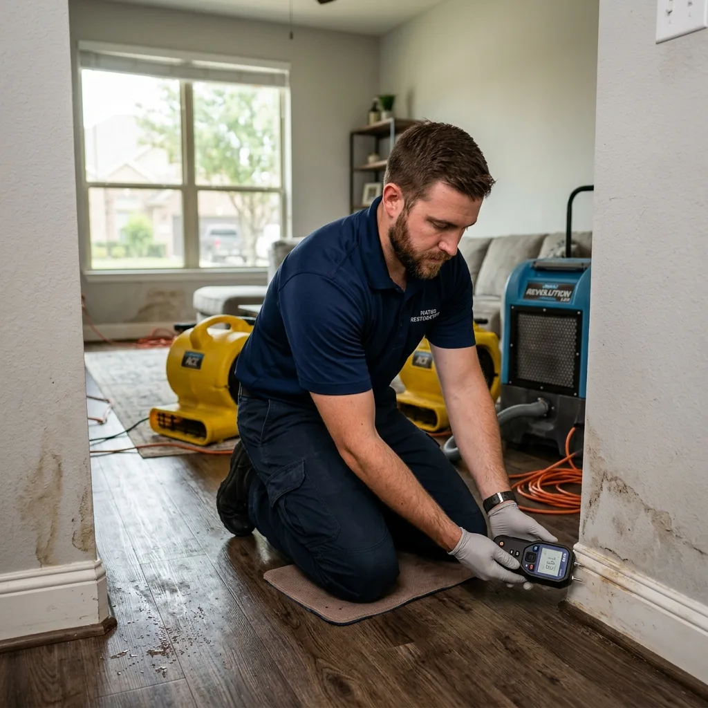 Water damage restoration technician inspecting moisture damage inside a Memorial home