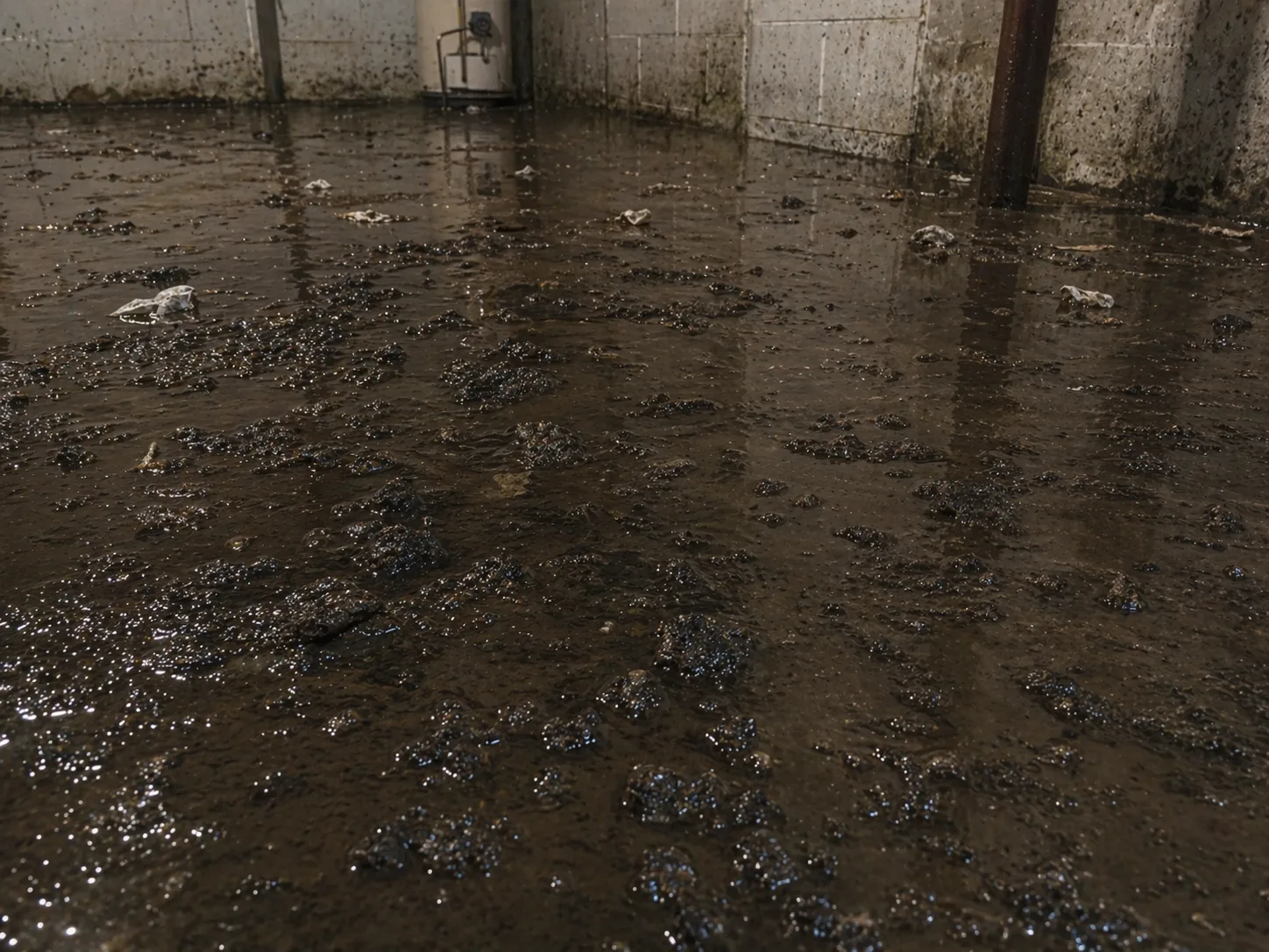 Murky sewage water and debris covering a concrete basement floor after a backup