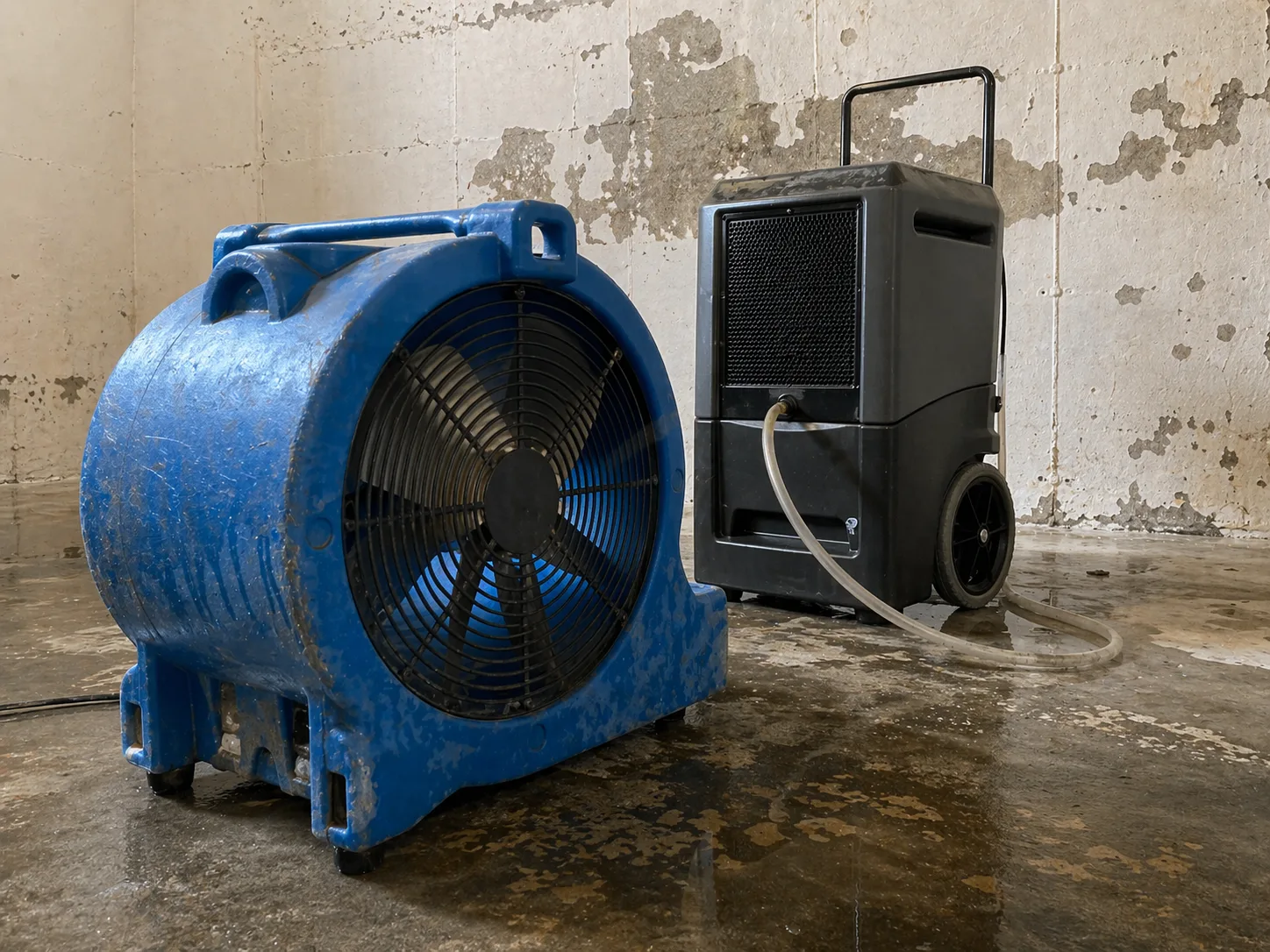 Structural drying equipment with an industrial air mover and dehumidifier in a damp basement