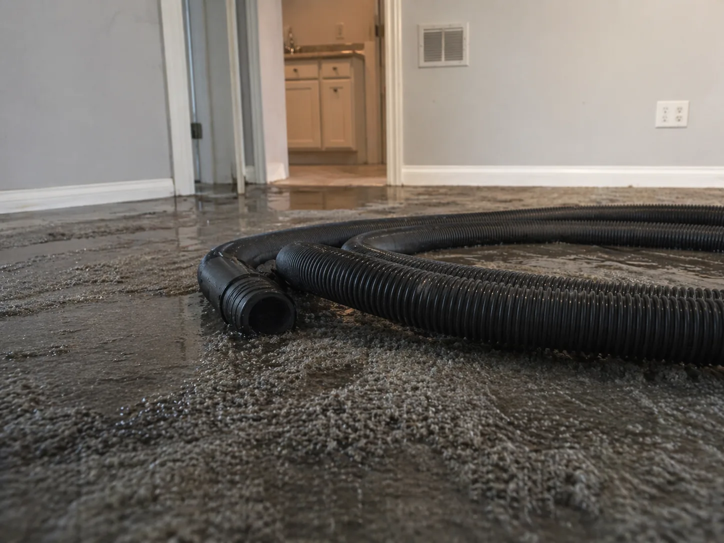 Water extraction service equipment removing water from a flooded floor